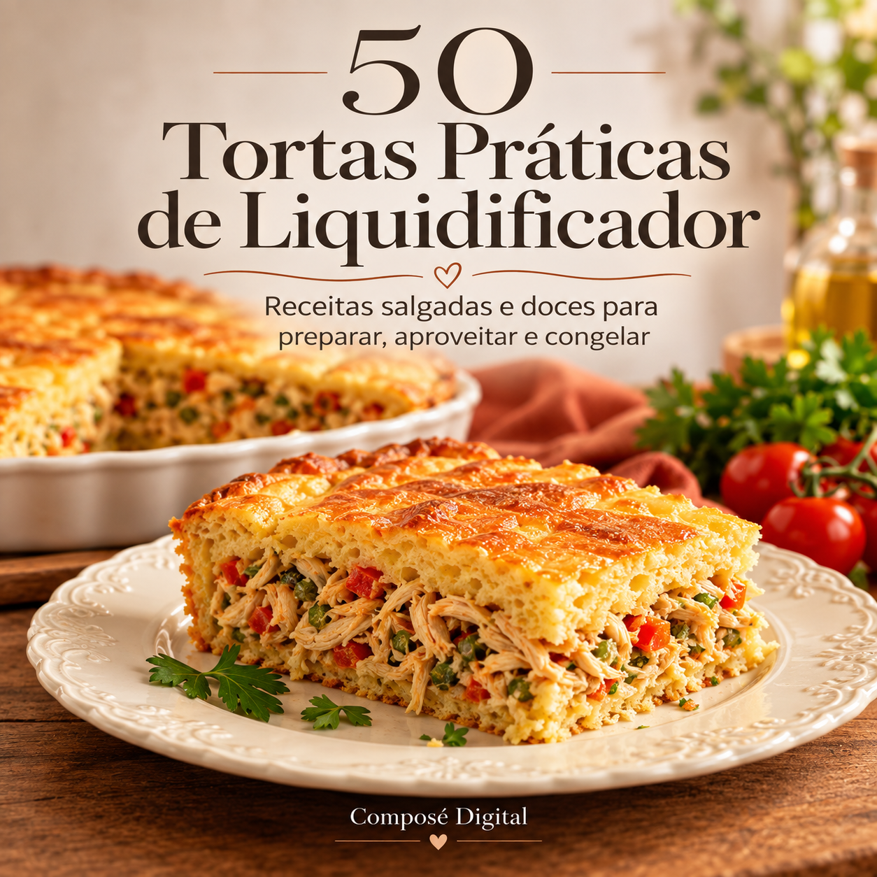 Capa oficial do livro digital 50 Tortas Práticas de Liquidificador, da Composé Digital.