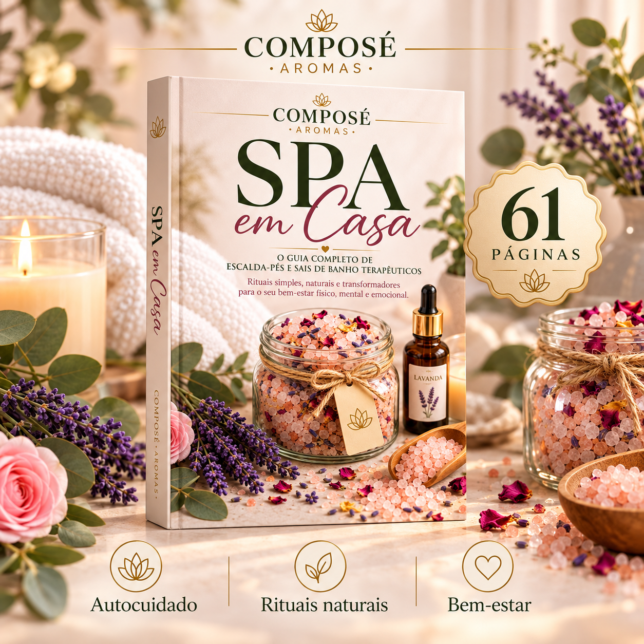 Capa oficial do e-book Spa em Casa, da Composé Aromas: escalda-pés e sais de banho terapêuticos.