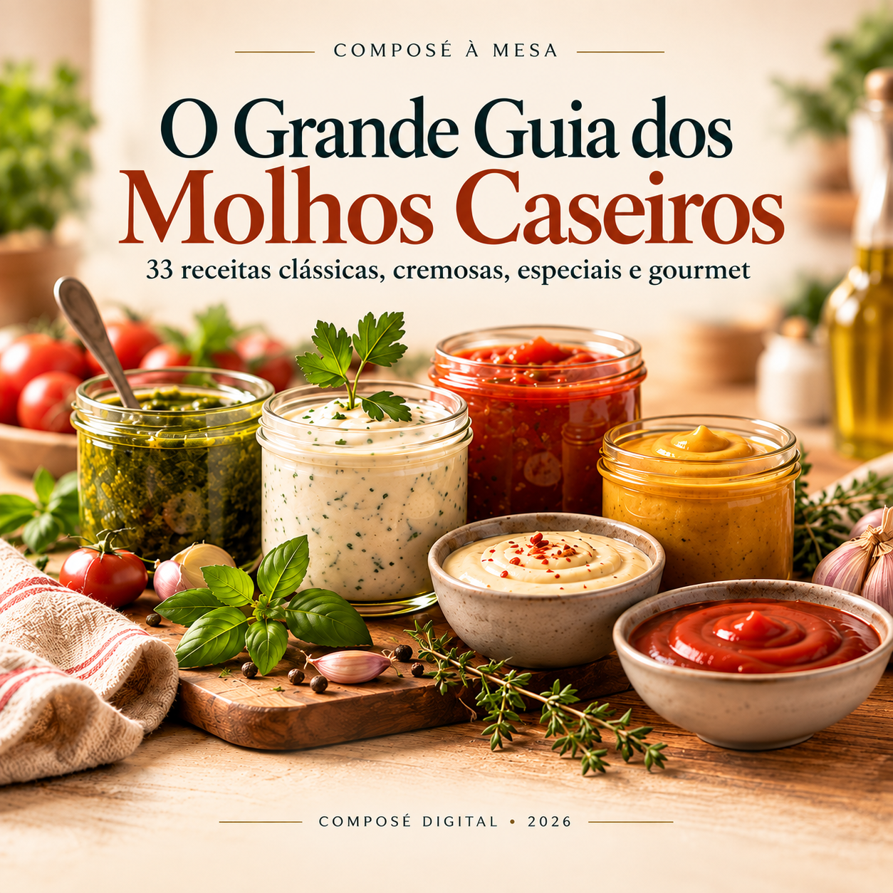 Capa oficial do livro digital O Grande Guia dos Molhos Caseiros, da Composé Digital.