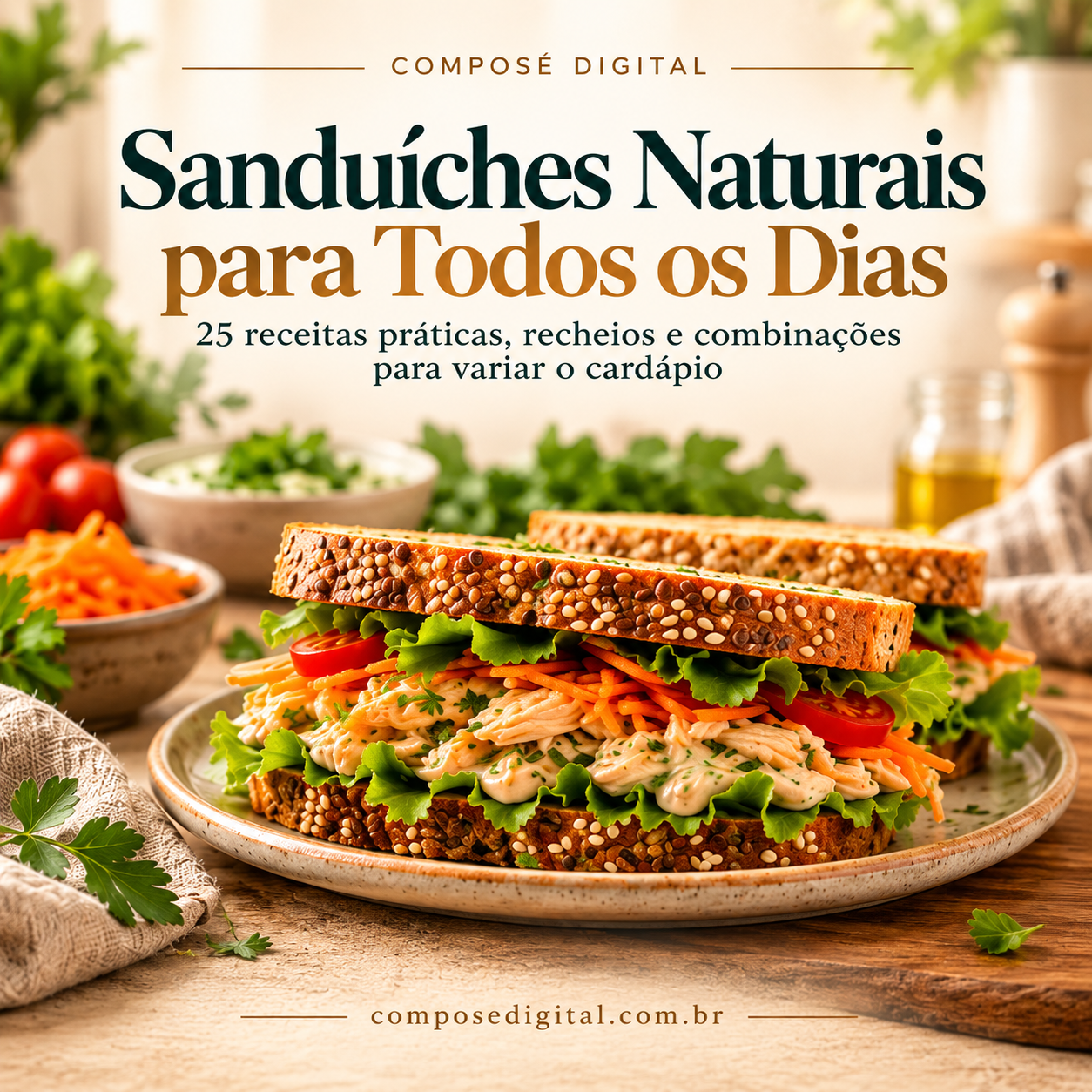 Capa oficial do livro digital Sanduíches Naturais para Todos os Dias, da Composé Digital.